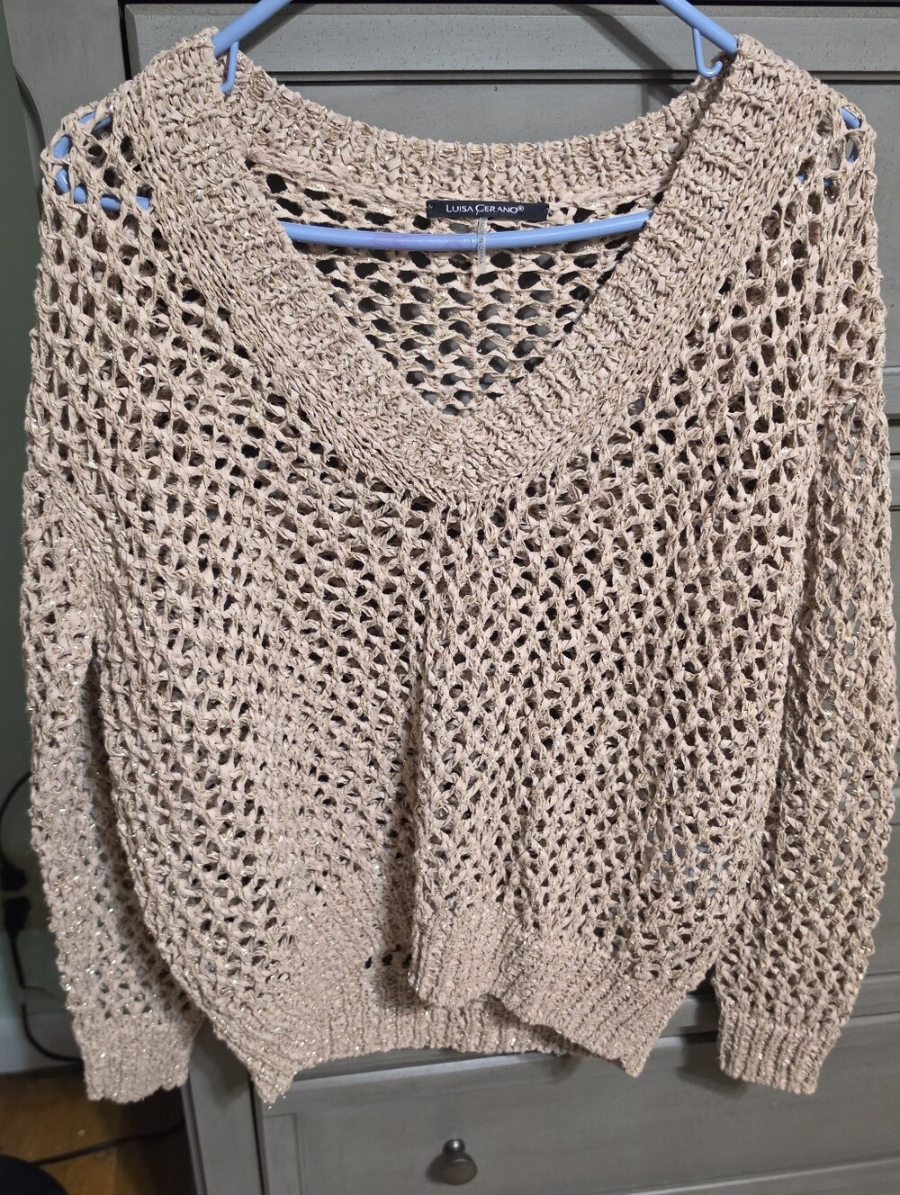 Lula Cruzhand Open Knit V-Neck Sweater in Light Taupe